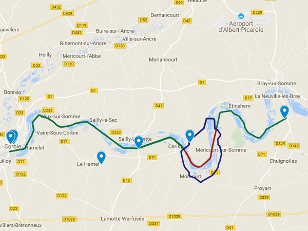 Carte itinéraire entre Froissy et Corbie, Véloroute Vallée de Somme